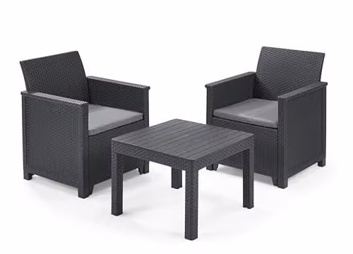 Keter Emma Balcony Set in Grey with 2 Wicker-Style Resin Chairs and Matching Square Table – 1