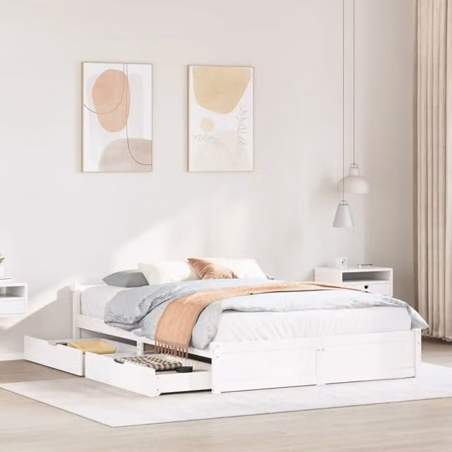 Berkfield Home White Solid Pine Bed Frame with Drawers W/D/H: 140 x 190 cm