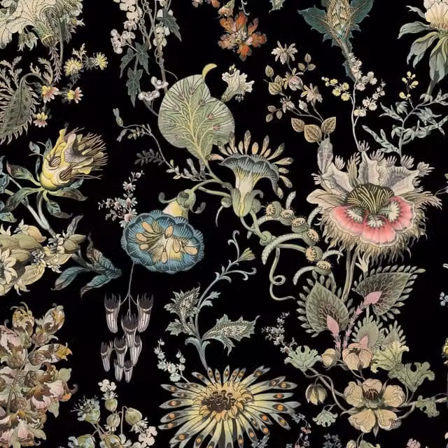 House of Hackney Flora Fantasia Botanical Floral Vintage Wallpaper in Black and Multicolour