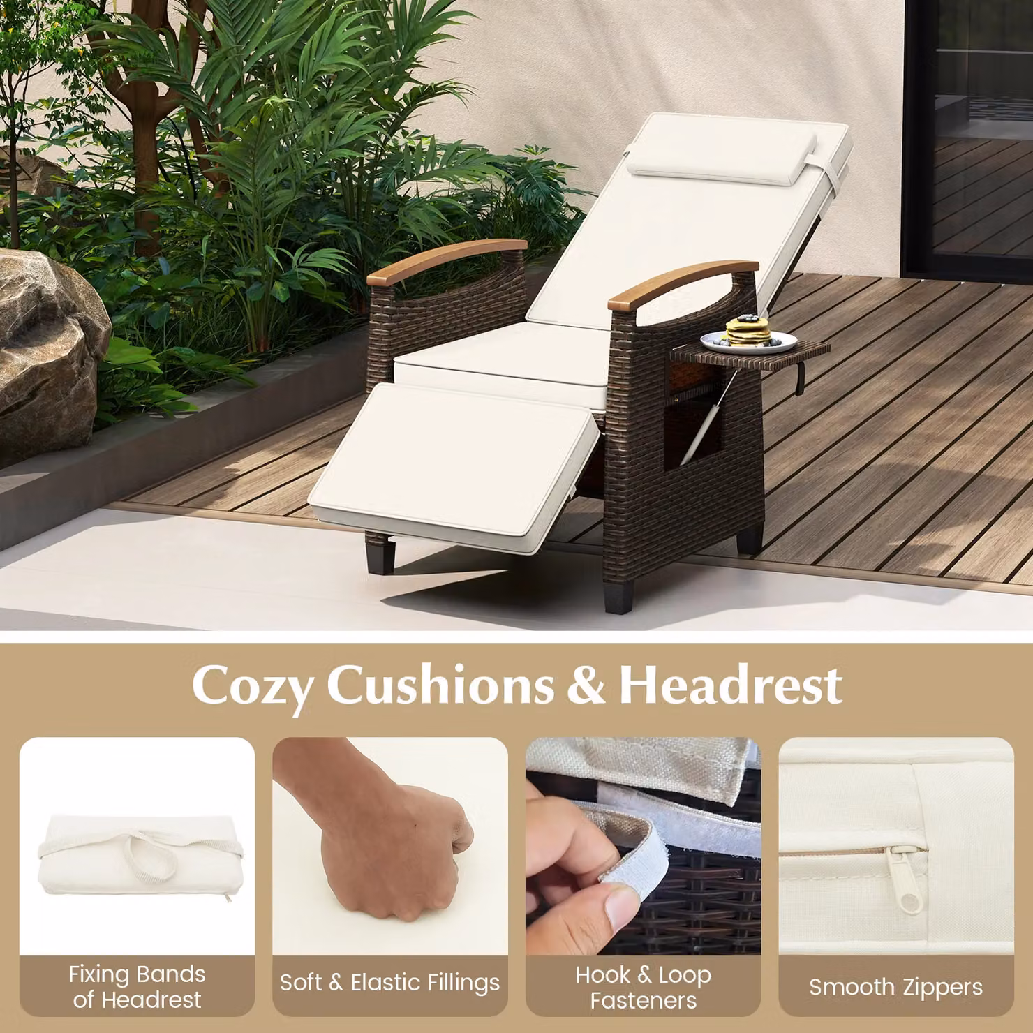Costway White Rattan Patio Recliner Chair with Adjustable Backrest and Acacia Wood Frame – 5