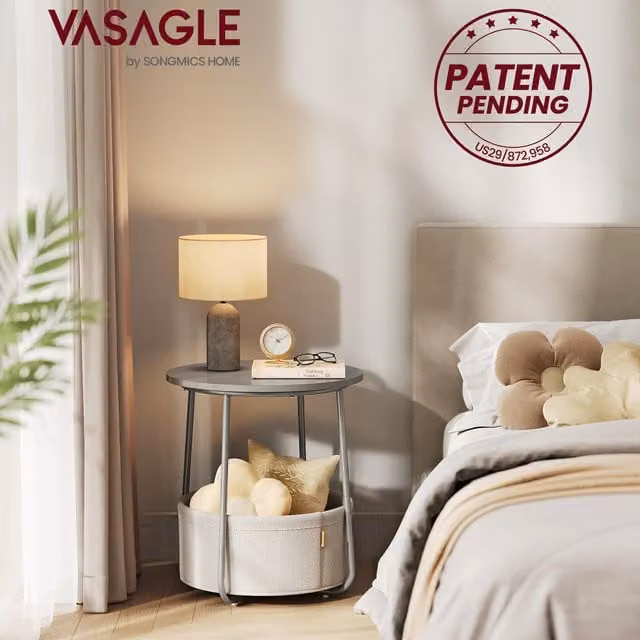 VASAGLE Round Side Table with Fabric Basket in Grey, W/D/H: 50 x 50 x 45 cm