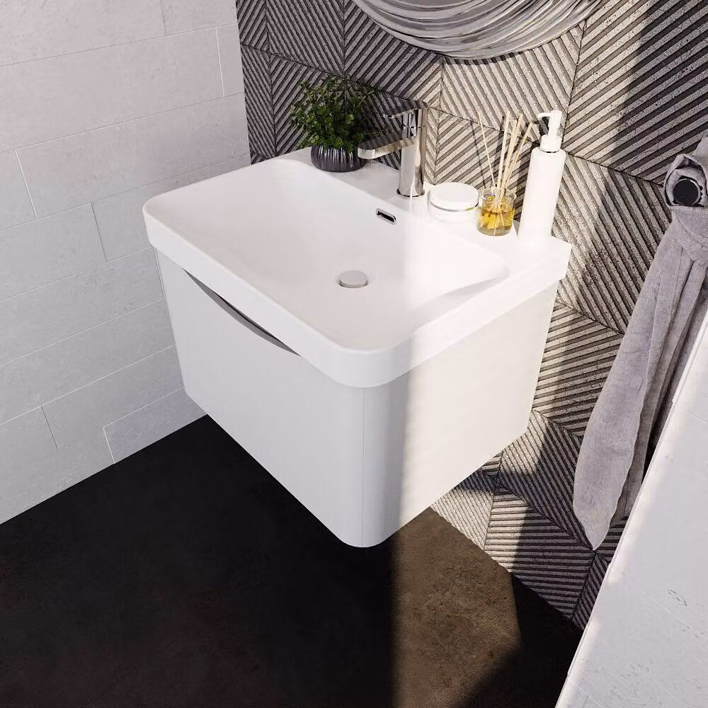 Balterley Wall Hung 1 Drawer Bathroom Vanity with Ceramic Basin, Satin White, Width: 60 cm – 3
