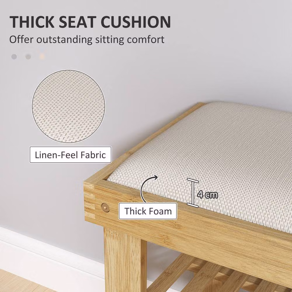 ERGOVEXA Bamboo 3-Tier Shoe Bench with Fabric Cushion Seat in White – 3