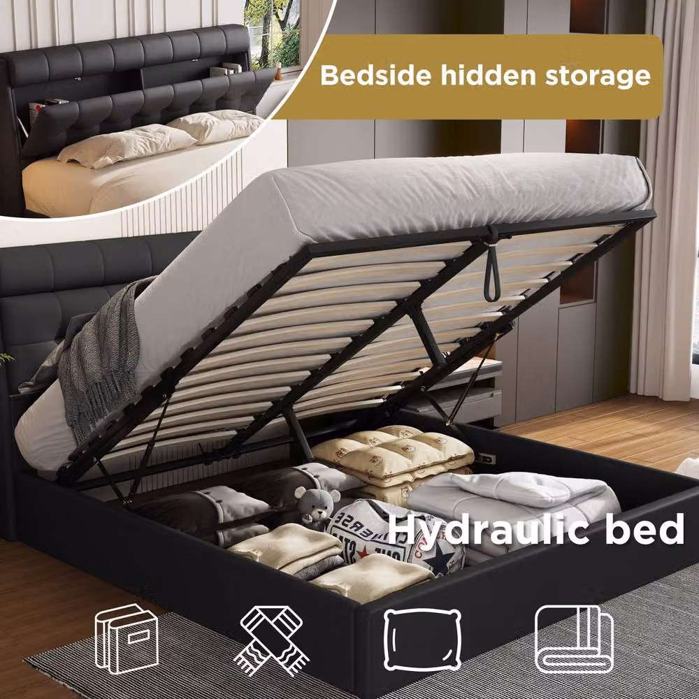 Matteo Modern Upholstered King Bed with Hydraulic Lift-Up Storage in Black Synthetic Leather, W/D/H: 150 x 200 cm – 4