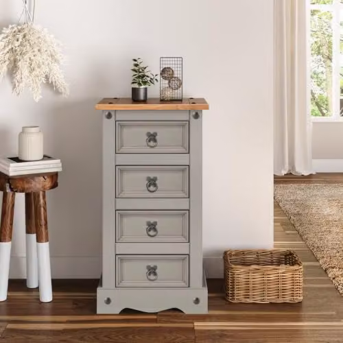 Mercers Furniture Corona Grey Wax 4 Drawer Narrow Bedside Cabinet Solid Pine Wood H 74 cm x W 35 cm x D 33 cm – 1