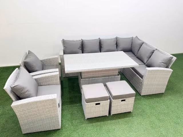 Fimous 10 Seat Rattan Garden Furniture Corner Sofa Set with 2 Small Stools in Light Grey
