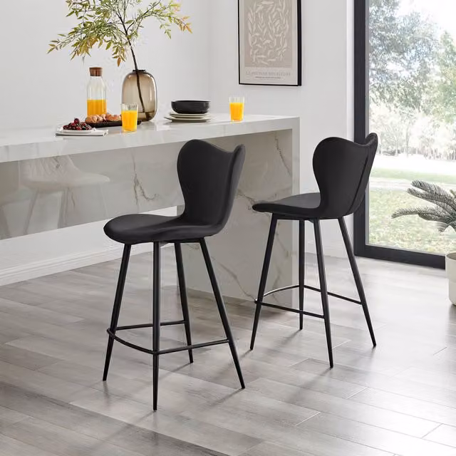 FurnitureboxUK Set of 2 Kady Velvet Upholstered Kitchen Breakfast Bar Chairs in Black
