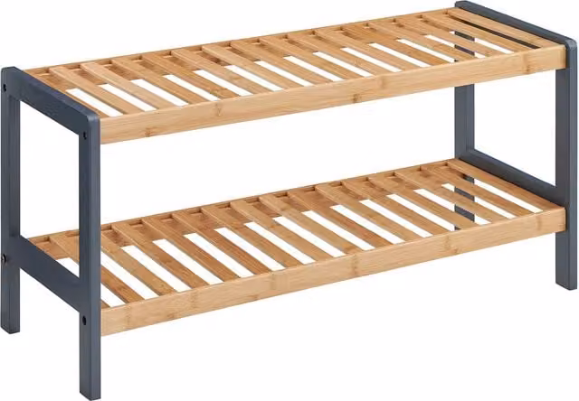 LIVIVO 2 Tier Grey Bamboo Shoe Rack Storage Bench in Natural Wood – 1