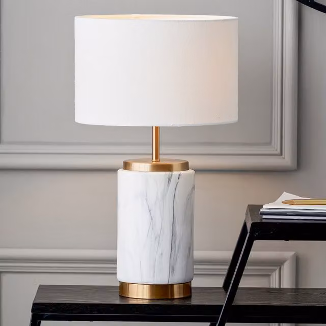 Pacific Lifestyle Modern Ceramic and Metal Table Lamp in White and Gold/Brass with Fabric Cylinder Shade, Height: 28 cm