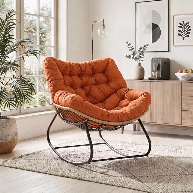 Livingandhome Modern Egg Rattan Rocking Chair with Orange Fabric Cushion