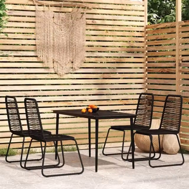 Berkfield Home 5 Piece Modern Garden Dining Set in Black Matt Rattan, Metal and Glass