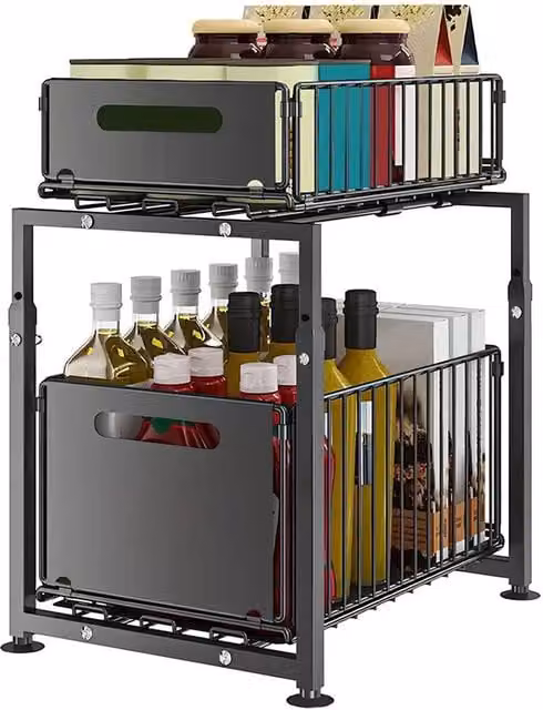 FORGEVIO 2-Tier Metal Pull Out Basket Under Sink Kitchen Cupboard Organiser in Black