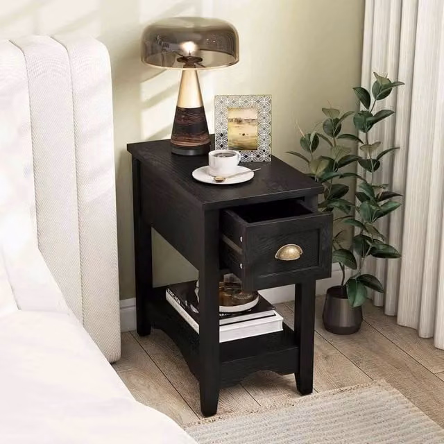 Kelvenix Retro Rectangular Side Table and Nightstand with 1 Drawer in Black