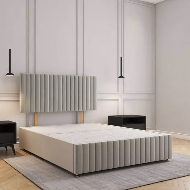 Regional Furnishings Plush Velvet Upholstered Divan Bed Base with 24 inch Headboard and Footboard in Silver, W/D/H: 180 x 200 cm, King Size