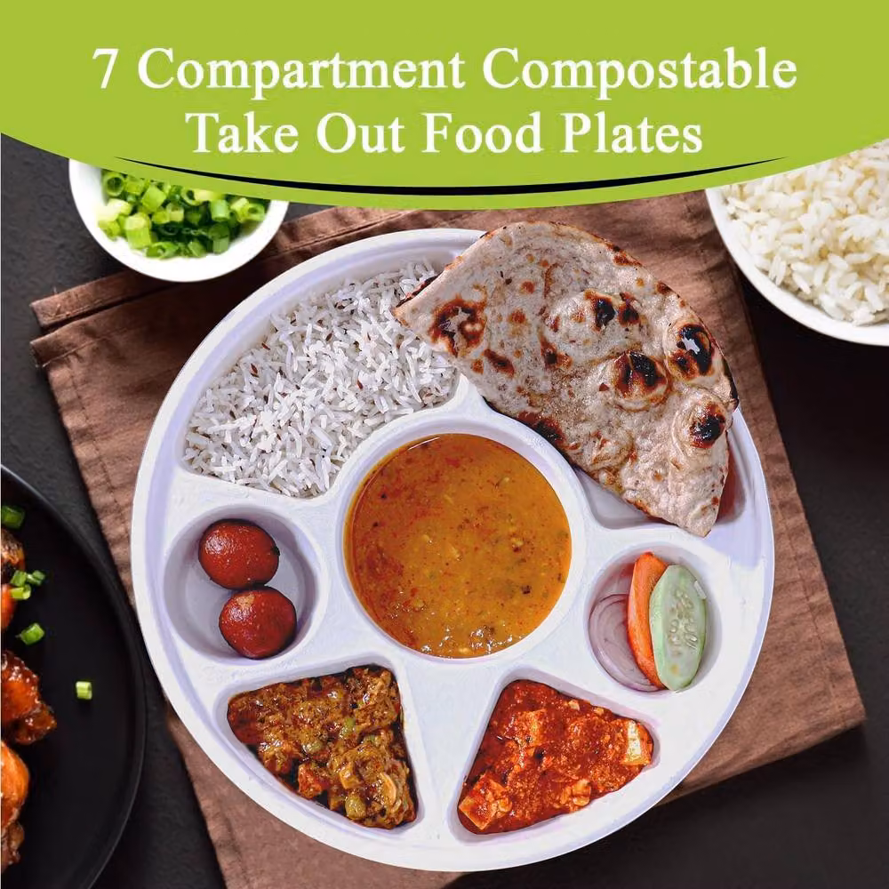 ECONX 50 Pack White Heavy Duty 7 Compartment Round Bagasse Disposable Dinner Plates – 5