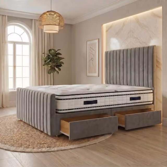 Somnior Eleanor Silver Velvet Hybrid Divan Bed with 2 Drawers, Headboard and Footboard, W/D/H: 180 x 200 cm