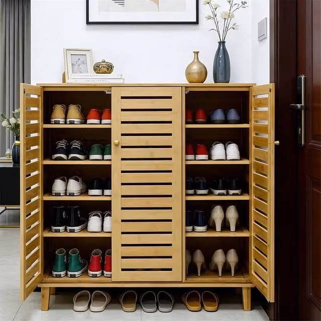 KORVIXA 3-Door Wooden Shoe Storage Cabinet in Natural Sand, W/D/H: 100 x 100 x 100 cm – 1