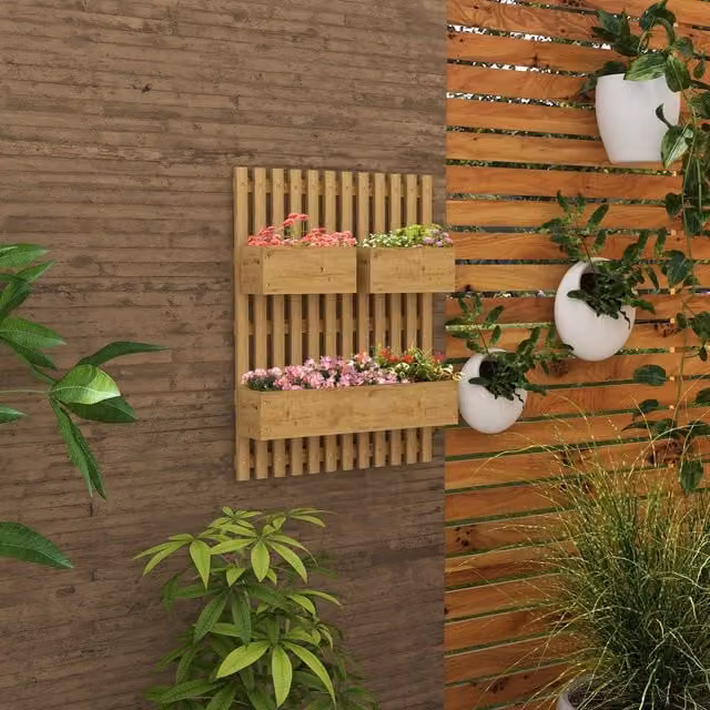 Outsunny Carbonised Wood Wall-mounted Garden Planters with Trellis and 3 Movable Tubs in Brown and Bronze