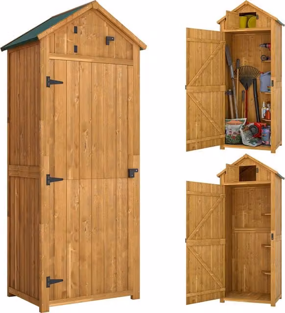 Outsunny Wooden Garden Storage Shed Vertical Tool Cabinet Organiser with Shelves and Lockable Doors, Brown, W/D/H: 77 x 54.2 x 179 cm – 1