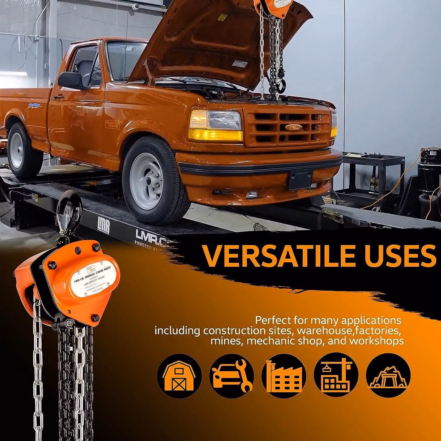 Superhandy Manual Heavy Duty Steel Chain Block Hoist in Orange and Black with 1 Ton 2200lbs Capacity and 3.048 m Lift – 3
