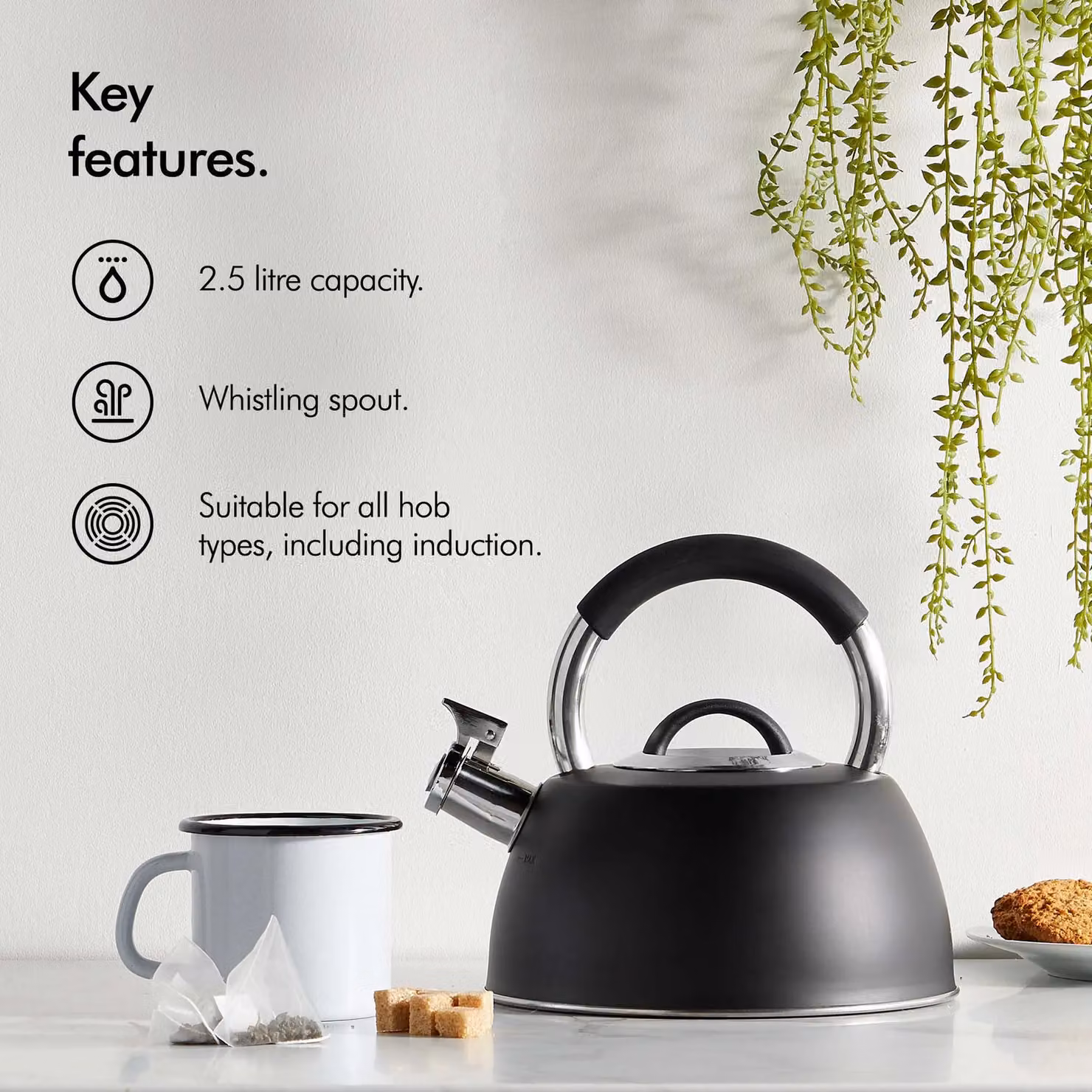 VonHaus 2.5L Stainless Steel Whistling Stove Top Kettle in Black – 2