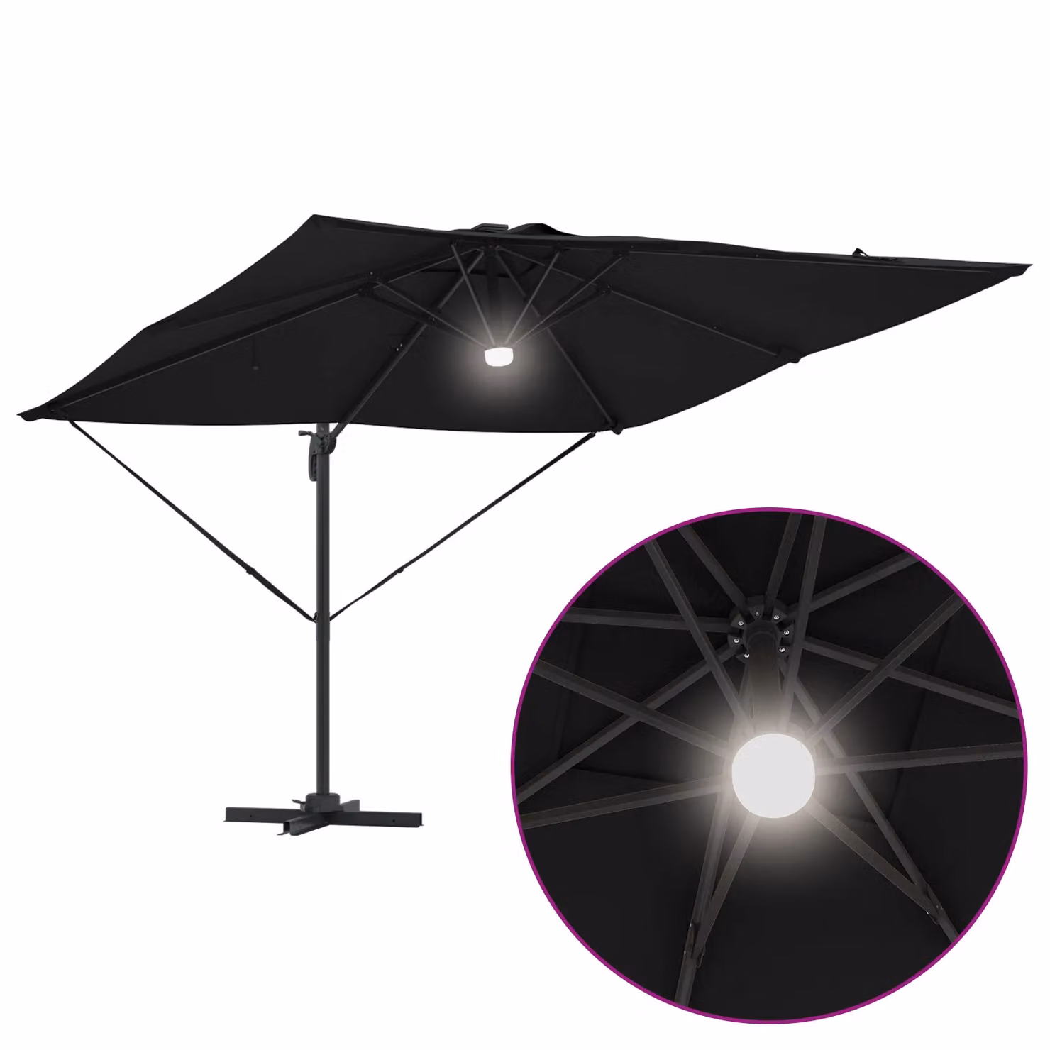 Berkfield Home Roma Cantilever Parasol with LEDs in Black Aluminium, W/D/H: 285 x 285 x 270 cm – 6
