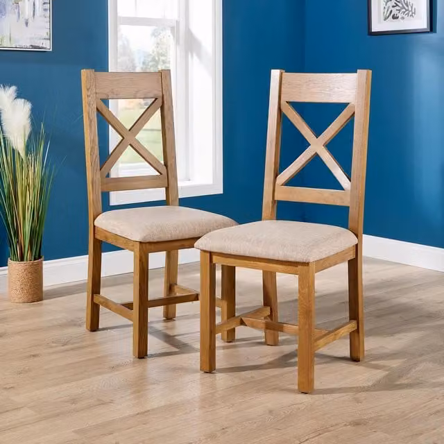 Home Source Pair of Copenhagen Modern Dining Chairs in Smoked Oak with Beige Fabric Seats