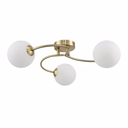 Happy Homewares Modern 3-Arm Ceiling Light in Gold/Brass with White Opal Swirl Glass Spherical Shades, W/D/H: 17 x 17 x 47 cm