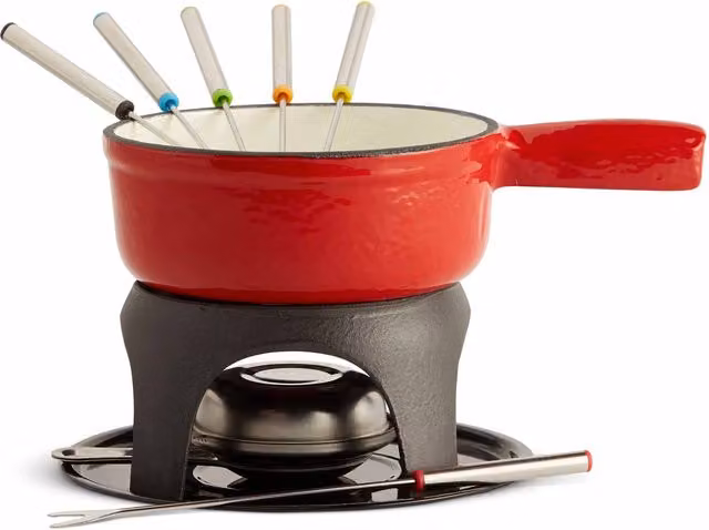 VonShef Red Enamel Cast Iron Fondue Set for Cheese or Chocolate
