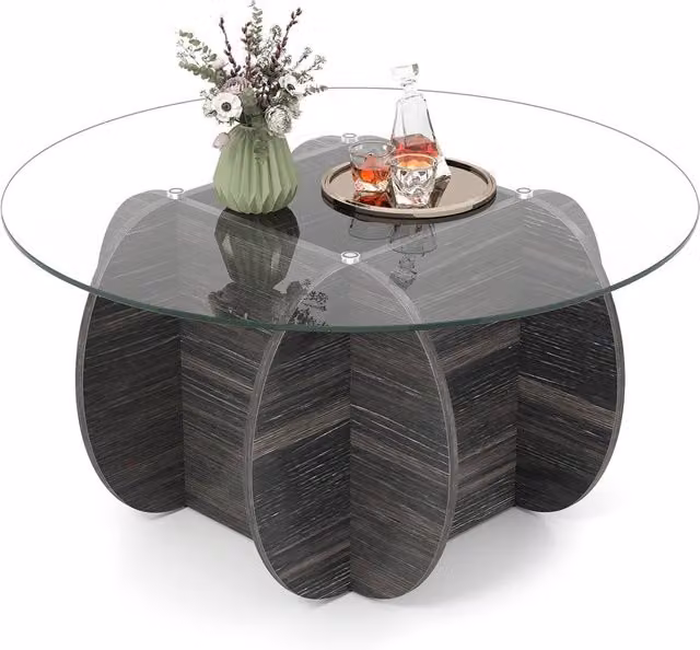 Gymax Round Coffee Table with Glass Top and Storage in Black, Diameter: 89 cm