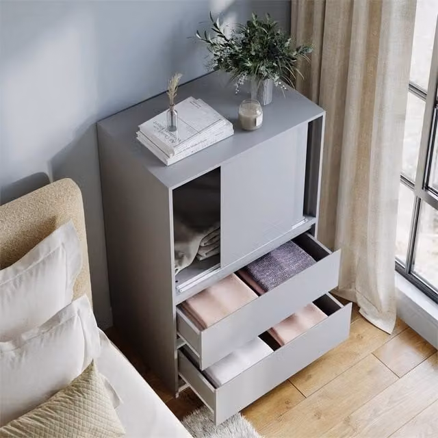 Nordara Grey Modern Matt Sliding Door Side Cabinet with Drawers and Internal Shelves for Home Office, W: 120 cm, H: 80 cm, D: 51.5 cm