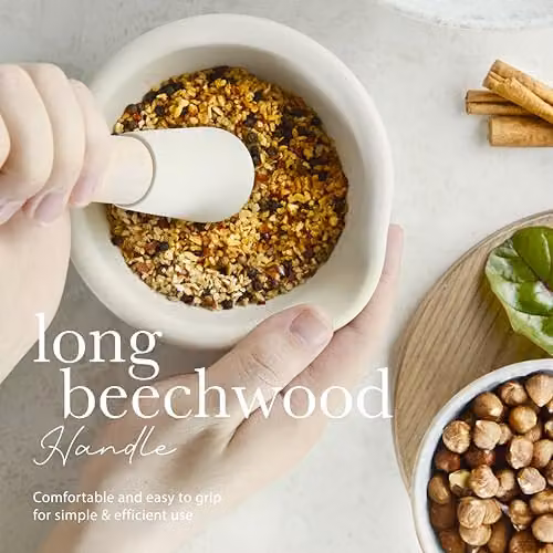 Milton Brook White Vitrified Porcelain Mortar and Pestle Set with Ergonomic Grip, Diameter: 13.35 cm – 5