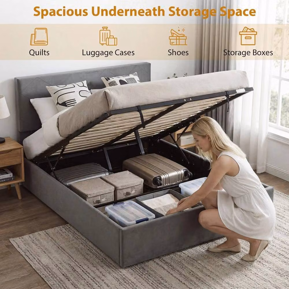 FORGEVIO Velvet Fabric Double Bed Frame with Gas Lift Under Bed Storage in Dark Grey, W/D/H: 140 x 190 x 106 cm – 5