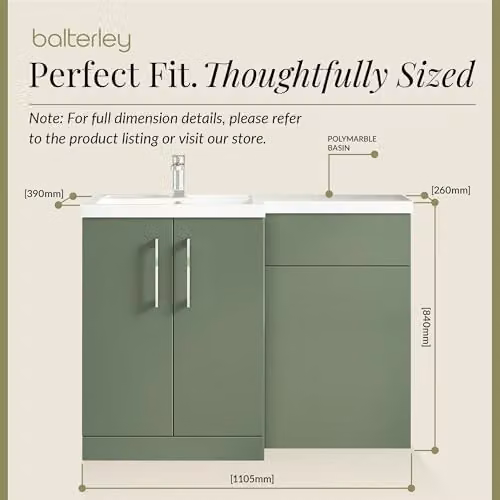Balterley Modern Green Floor Standing Vanity Unit and WC Unit with L-Shaped Basin and Soft Close Doors – 3