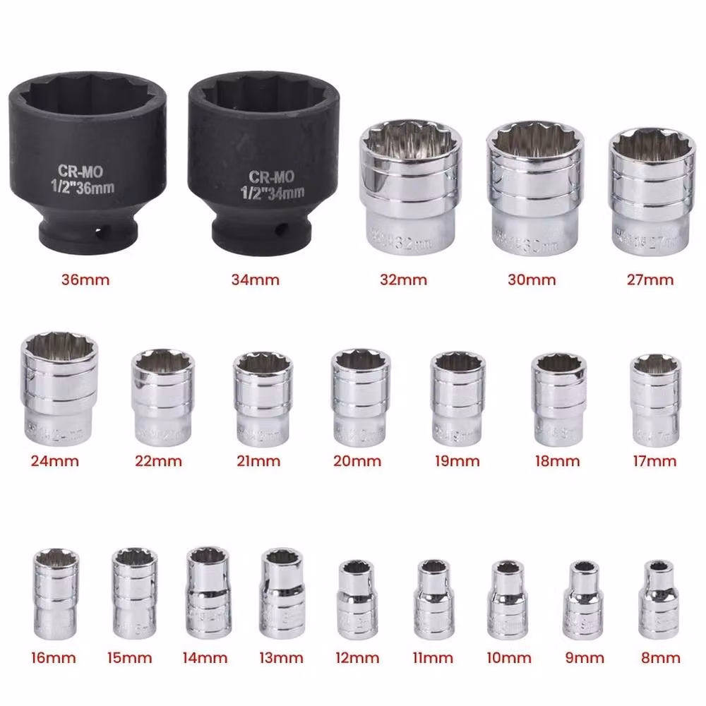 Nordara 21-Piece 1/2 Inch 8-36mm Multi-Tooth Socket Set in Silver and Black Chrome Vanadium – 2