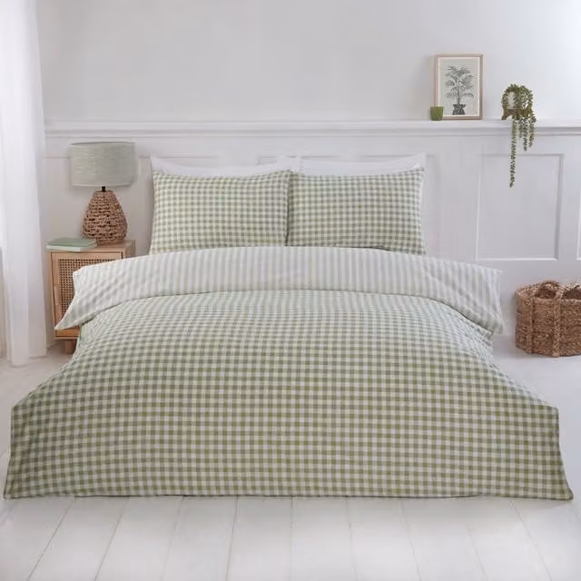 Rapport Home Green Gingham Check Polycotton Duvet Set and Pillowcase, W/D/H: 135 x 200 cm and 50 x 75 cm