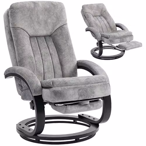 HOMCOM Grey Velvet Swivel Recliner Armchair with Integrated Footrest and Manual Lever