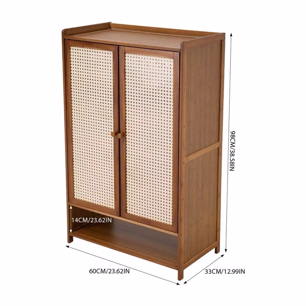PAWNORA Brown Bamboo Shoe Cabinet with Hinged Doors and Open Shelving – 2