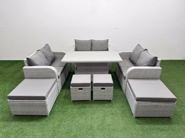 Fimous 8 Piece Rising Dining Table Set with Inclining Love Sofa Seat and Big Footstool in Light Grey
