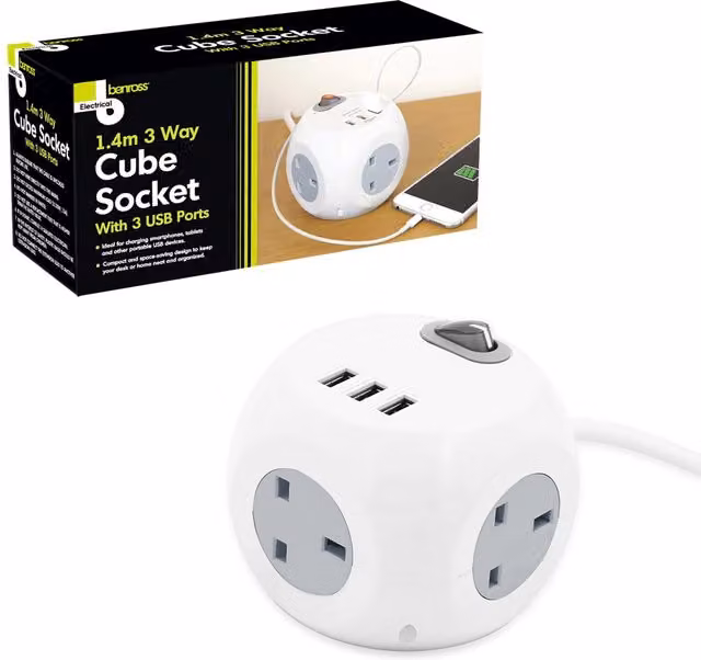 Benross Cube Extension Power Lead with 3 UK Sockets and 3 USB Ports, 1.4m, White
