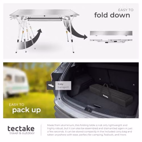 tectake Folding Camping Table, Silver, W: 90 cm, D: 52 cm, H: 47-70 cm – 5