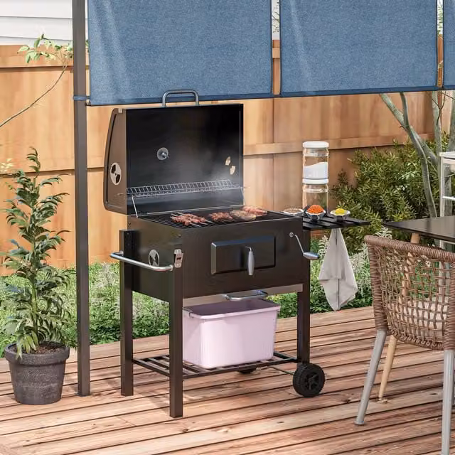 OUTSUNNY Black Steel Charcoal BBQ Trolley with Thermometer and Wheels, W/D/H: 113 x 65 x 108 cm