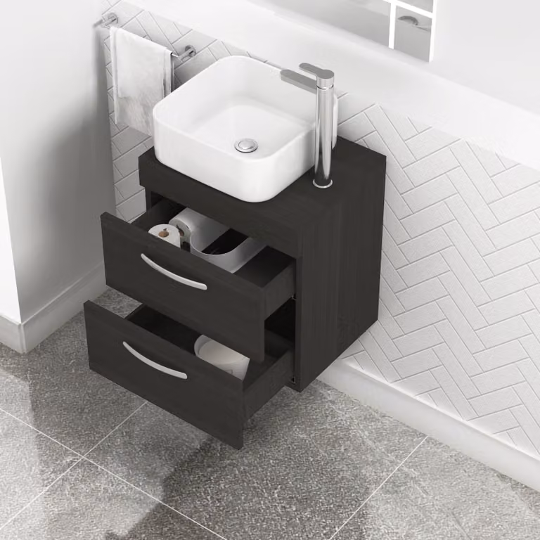 Royal Bathrooms Charcoal Oak 2 Drawer Wall Mounted Bathroom Vanity Unit with Elena Countertop Basin, Width: 50 cm