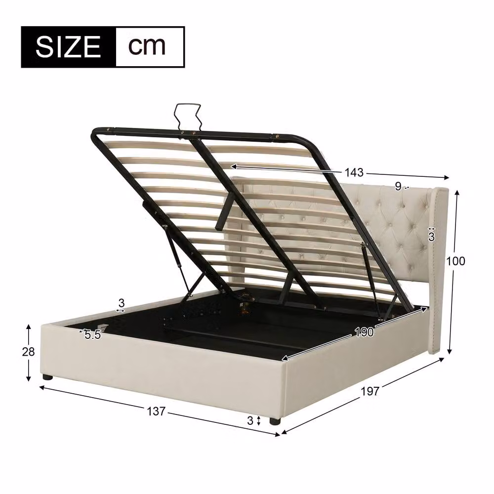 Merax Beige Velvet Upholstered Double Ottoman Storage Bed Frame, W: 135 cm x D: 190 cm – 2