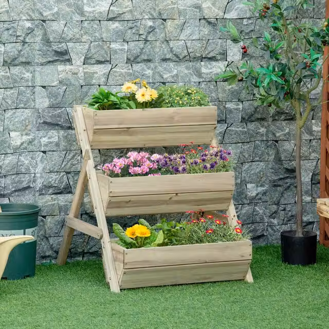 Outsunny 3 Tier Wooden Raised Garden Bed Elevated Planter Box in Green and Brown, W/D/H: 76 x 65 x 23 cm