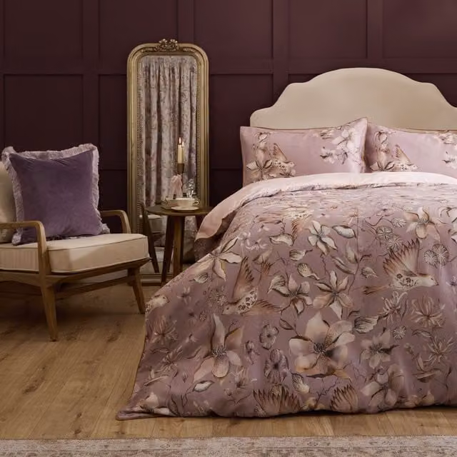 Voyage Maison Floella Floral Printed Cotton Duvet Cover and Pillowcase Set in Purple, W: 200 cm x H: 200 cm