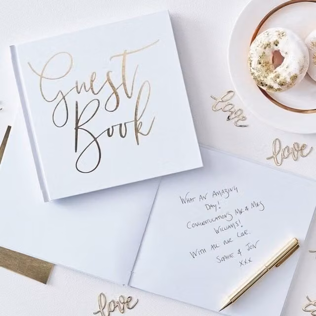 KDMD White and Gold Hardcover Paper Guest Book