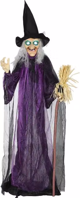 Outsunny Voice Activated Halloween Animatronics Standing Witch with Broomstick, Purple, Height: 183 cm – 6