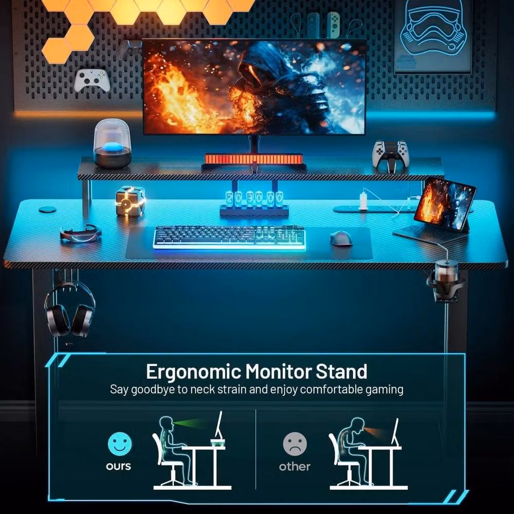 FORGEVIO Modern Black Gaming Computer Desk with Monitor Stand, W: 140 cm, D: 60 cm – 2