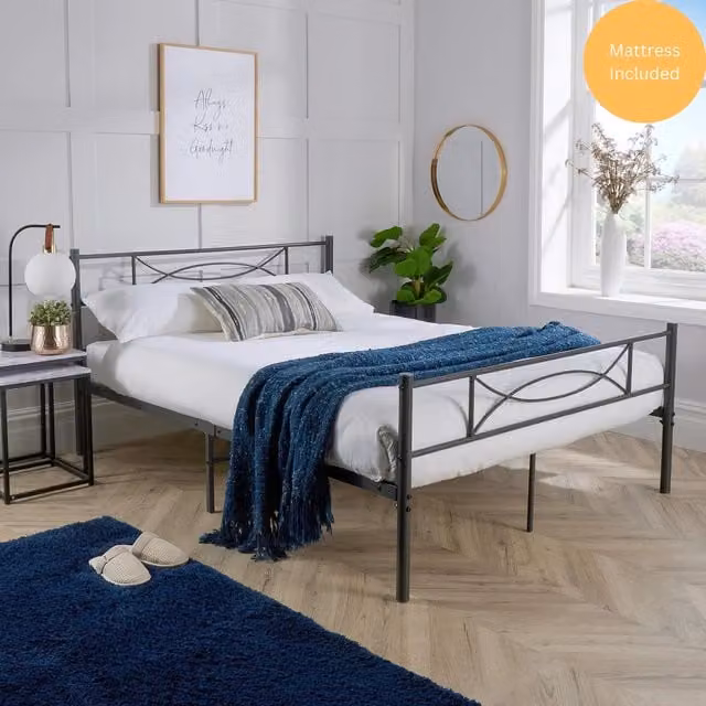 Home Source Grey Metal Small Double Bed and Juno Hybrid Mattress Set